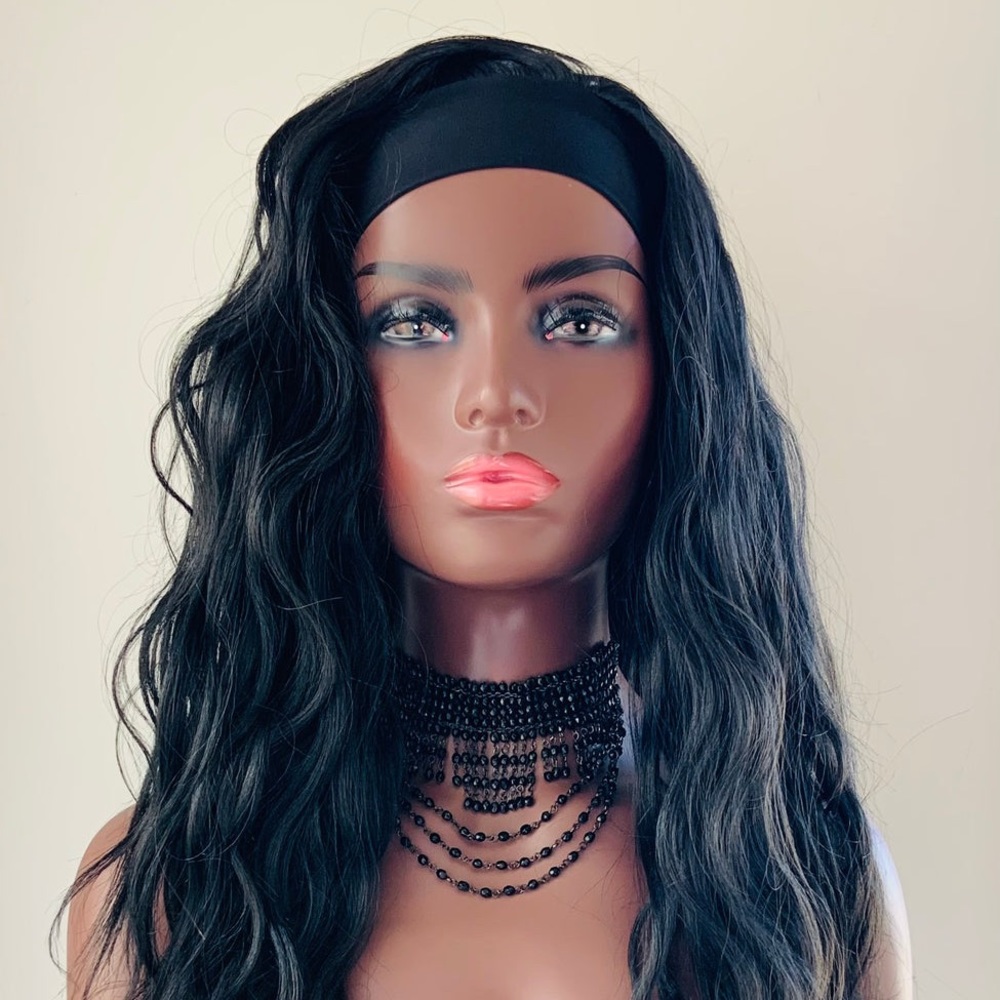 A Pretty “Put On & Go” Long Black Premium Fiber Headband Wig - Daily Wear/Event